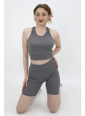 Gri Biker Tayt ve Crop (bluz) Takımı