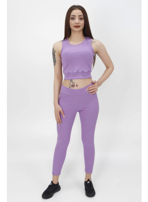 Slim Fit Toparlayıcı Tayt Ve Fitilli Crop Bluz Takımı ( LİLA )